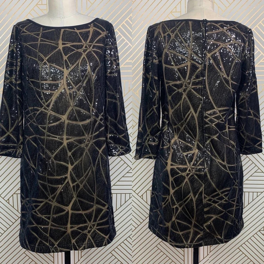 Tadashi‎ Shoji Black Nude Sequin 3/4 Sleeve Mini Dress Size US 6